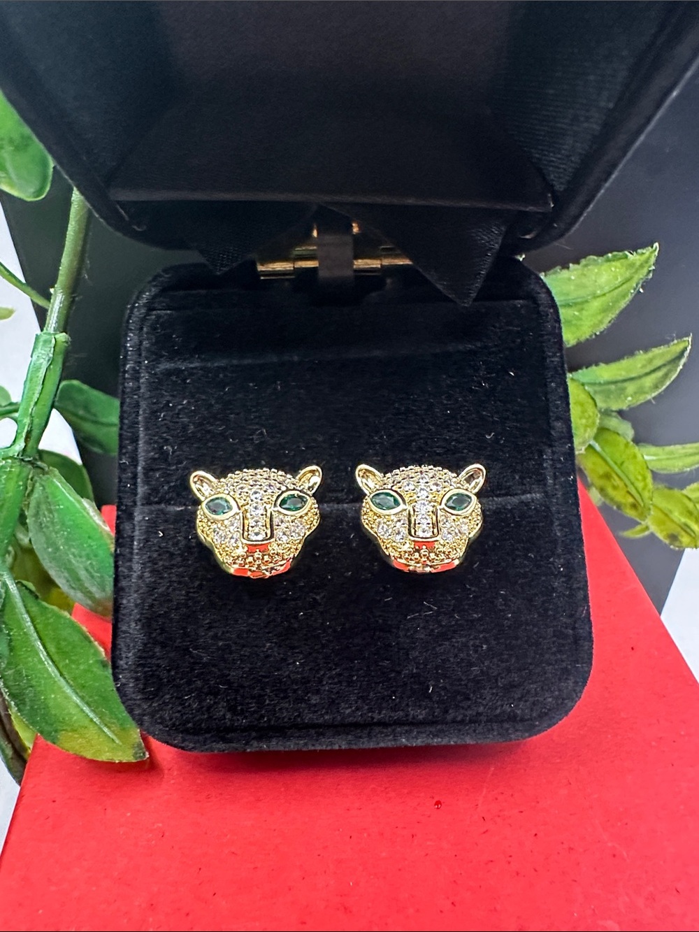 Gold Leopard Head Crystal Stud Earrings with Green Eye Accents - Women's Jewelry